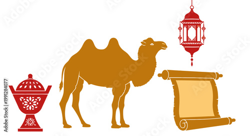 Islamic cultural icons with camel lantern scroll and incense burner