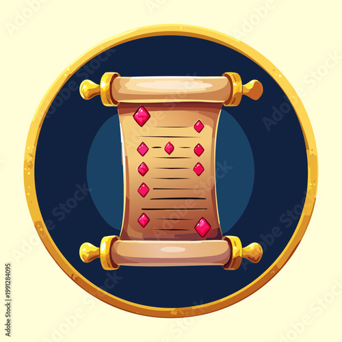 Foto Dark parchment scroll with red gems and golden seal for secret assassin mission