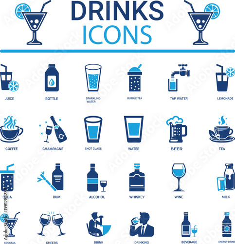 A comprehensive drinks vector icon set featuring various beverages, cocktails, and refreshments, including juice, soda, coffee, and alcohol symbols