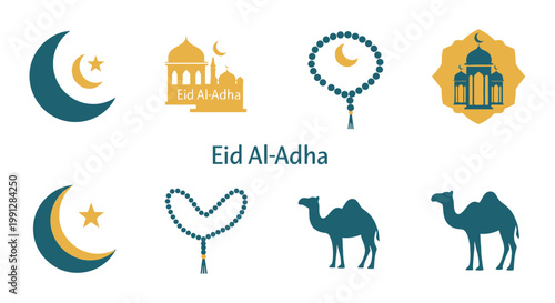 Islamic Eid Al Adha flat icon set on white background