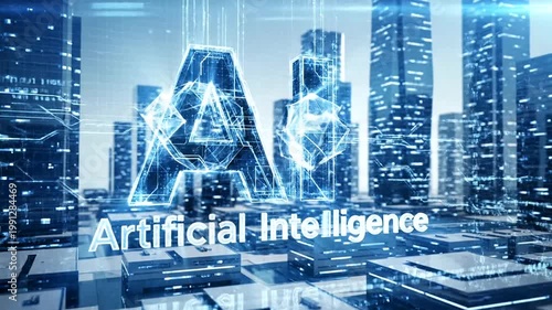 Futuristic AI Cityscape with Digital Intelligence Overlay.