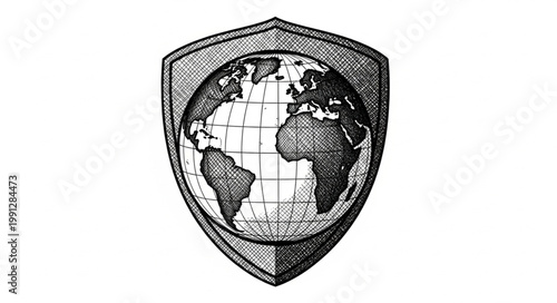 Global Security Shield Emblem with Earth Illustration.