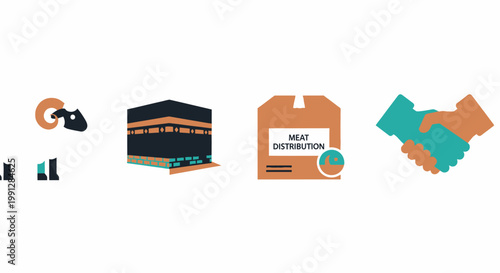 Islamic Eid al Adha icons featuring Kaaba and Qurbani charity