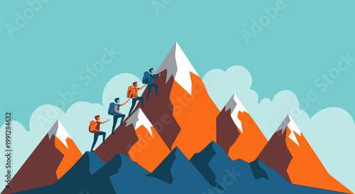 Group of mountaineers climbing steep snowy mountains in adventure journey.