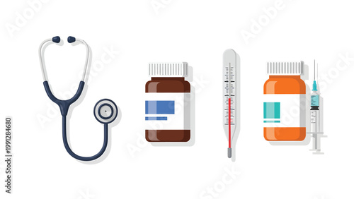 Healthcare and Medical Supplies Flat Design Icons: Stethoscope, Pills, Thermometer, Syringe