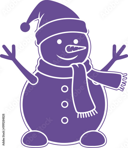 Happy cartoon snowman character wearing festive hat and scarf with arms outstretched cheerfully