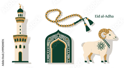 Islamic festival design elements with sheep and minaret