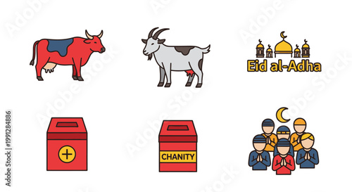 Islamic festival Eid al-Adha icon set for religious celebration