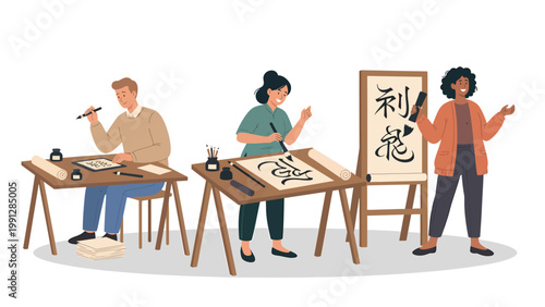 Diverse Group Learning Traditional Calligraphy. Students Practice East Asian Brush Writing Art with Instructor in Workshop Setting.