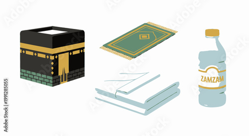 Islamic Hajj and Umrah pilgrimage icons on white background