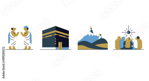 Islamic Hajj pilgrimage flat icons of Kaaba and pilgrims