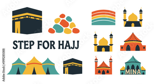 Islamic Hajj pilgrimage icons including Kaaba Mina tents and mosques
