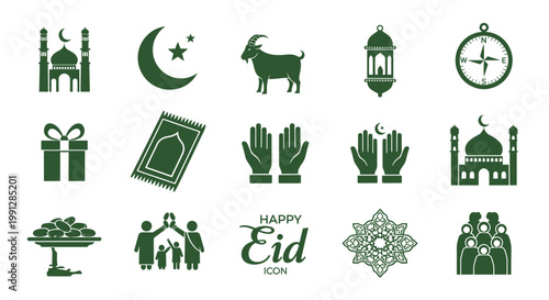 Islamic holiday icon set for Eid al Fitr and Adha