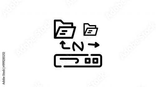 Two file folders transferring to and from a server. Suitable for technology concepts, data security, file transfer, cloud storage, and digital communication designs.

