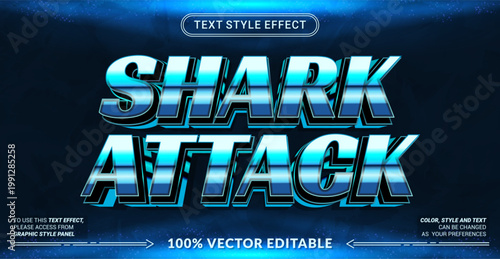 Editable shark attack text effect with bold 3D blue gradient style, inspired by ocean predators. Perfect for gaming, sports, marine events, and dynamic branding.