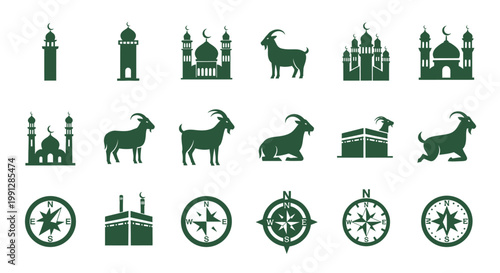 Islamic icon set featuring mosque goat and qibla compass