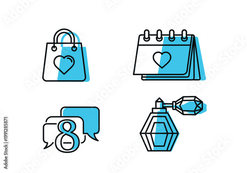 International Women's Day and March 8th Celebration Icon Set with Shopping Bag, Heart Calendar, Speech Bubble, and Perfume Bottle