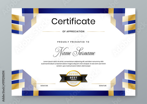 Landscape certificate template featuring blue and gold corner graphics and a central best award nomination seal