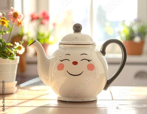 Smiling Teapot on Kitchen Table Surface.
