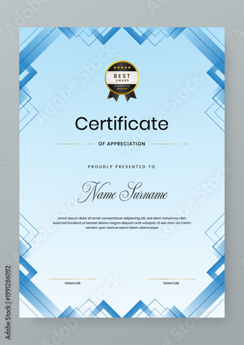 Vertical certificate of appreciation with a decorative light blue diamond border and gold nomination seal
