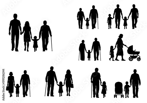 Collection of Multi-generational Family Silhouettes with Grandparents, Parents, and Children Walking Together