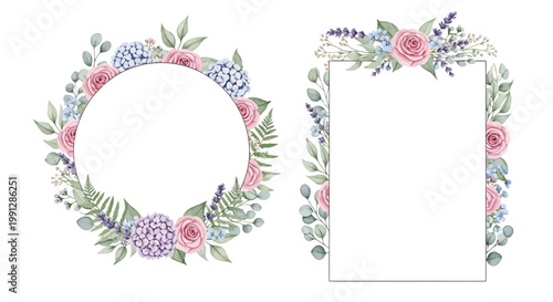 Watercolor floral frames, round and rectangular, with roses, hydrangeas, lavender, and eucalyptus leaves