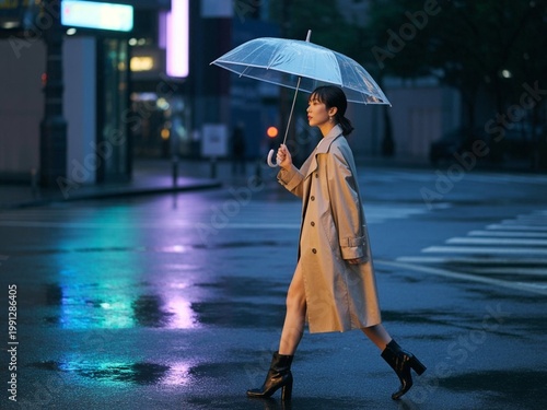  A stylish East Asian woman walks confidently down a rain-slicked urban street at twilight, holding a transparent umbrella. Neon signs reflect softly on wet pavement, casting blue and purple tones. Sh