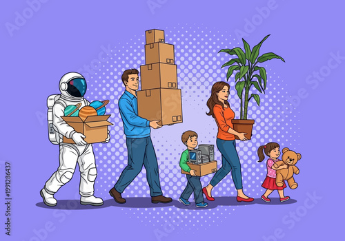 Pop Art Illustration of a Family Moving House with an Astronaut Carrying Planets