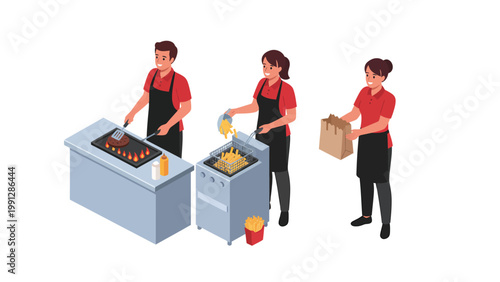 Fast Food Crew: Cooking Burgers, Frying Fries, & Packing Takeaway Orders. Isometric Restaurant Kitchen Teamwork
