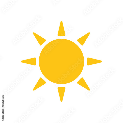 Minimalist yellow sun icon with rays on white background.