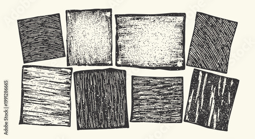 Abstract Wood Texture Squares Collage, Hand Drawn Scratchboard Art