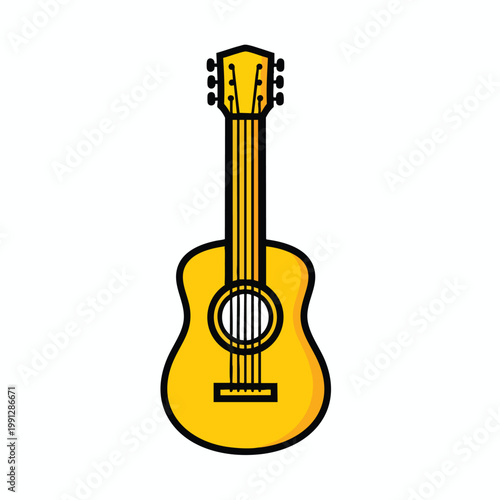 Minimalist vector illustration of a yellow acoustic guitar on white background.