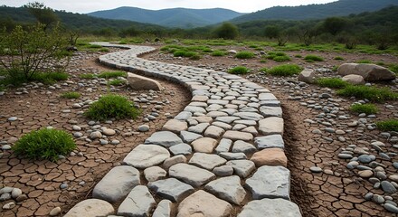 Fotobehang Cappuccinokleur Stone pathway winding through natural landscape with mountains and sky  © Kapten