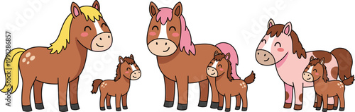 Cute cartoon horses and ponies set with baby foals farm animals vector illustration