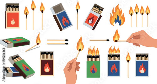 Matchsticks and matchboxes with burning flames set fire ignition elements safety concept flat vector illustration collection design