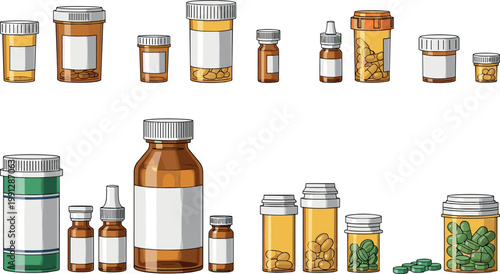 Medicine bottles and pill containers set with capsules tablets and syrups pharmacy medical flat vector illustration collection