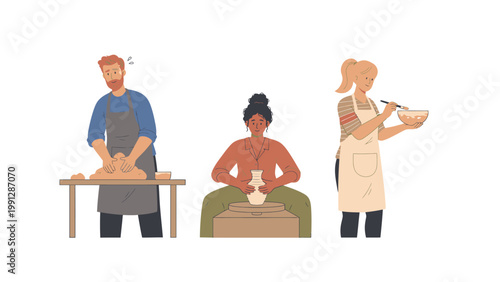 Diverse people crafting pottery: man kneading clay, woman at potter's wheel, and another glazing a bowl. Handmade ceramics process illustration.