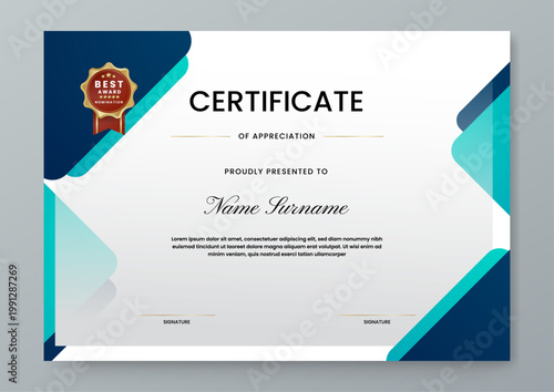 Landscape orientation certificate of appreciation with elegant blue and tosca geometric design elements for business awards