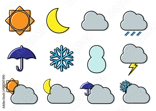 かわいい天気アイコンセット　晴れ　くもり　雨　ベクターイラスト