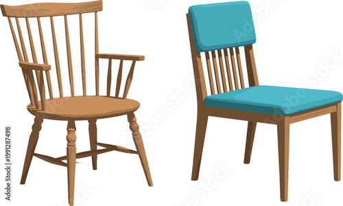 Wooden Chair Furniture Set with Classic Spindle Armchair and Modern Cushioned Dining Seat Illustration