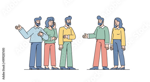 Diverse group of business people collaborating and communicating in a professional setting.