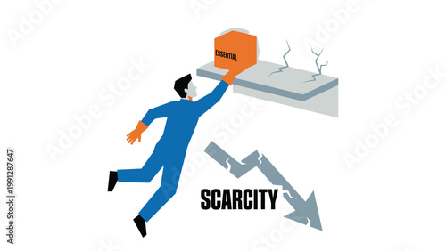 Economic scarcity of essential goods. Person struggling to reach limited supply, downward trend.