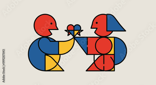 Abstract minimalist illustration of two figures exchanging a heart symbol.