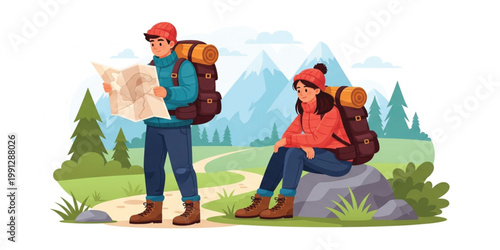 Couple Backpackers Hiking in Mountains with Map Resting Traveler Adventure Outdoor Journey Design