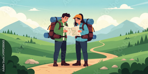 Couple Hikers Reading Map on Mountain Trail with Backpacks Adventure Travel and Outdoor Journey Design