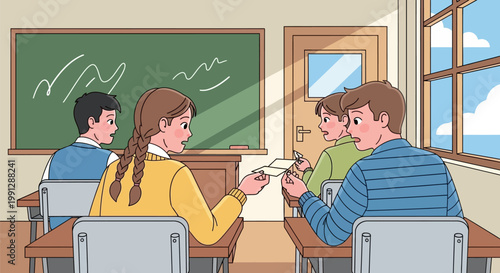 Students passing a secret note in the classroom.