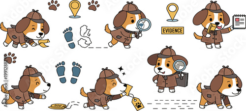 Cute Detective Dog Character Set with Evidence Search Footprints Magnifier and Cartoon Investigation Poses Collection