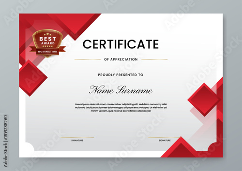 Landscape certificate of appreciation template with modern red square geometric design and gold nomination badge