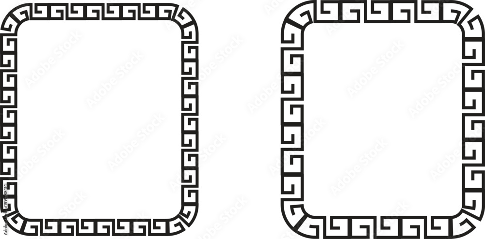 Fototapeta premium Set of square Greek key frame borders with geometric meander pattern decorative ornamental outline shapes minimal abstract vector collection isolated on white background