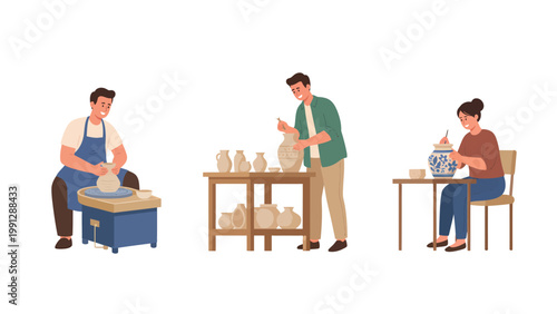 Artisans crafting pottery: man on wheel, man refining, woman painting ceramic art. Creative workshop process.